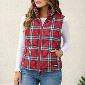 Lands End Women's Red Tartan Plaid Quilted Puffer Vest Large 14-16